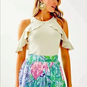 Lilly Pulitzer NWT Janina Ruffle Sweater Coconut Gold Metallic